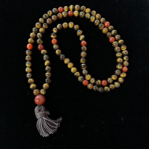 Vintage Tigers Eye and Orange Agate 32 inch Tassel Statement Necklace - Picture 3 of 6